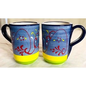 Set of 2 CERAMICA EL TITI Spain Blue Red Yellow Hand Painted Glazed Ceramic Mugs